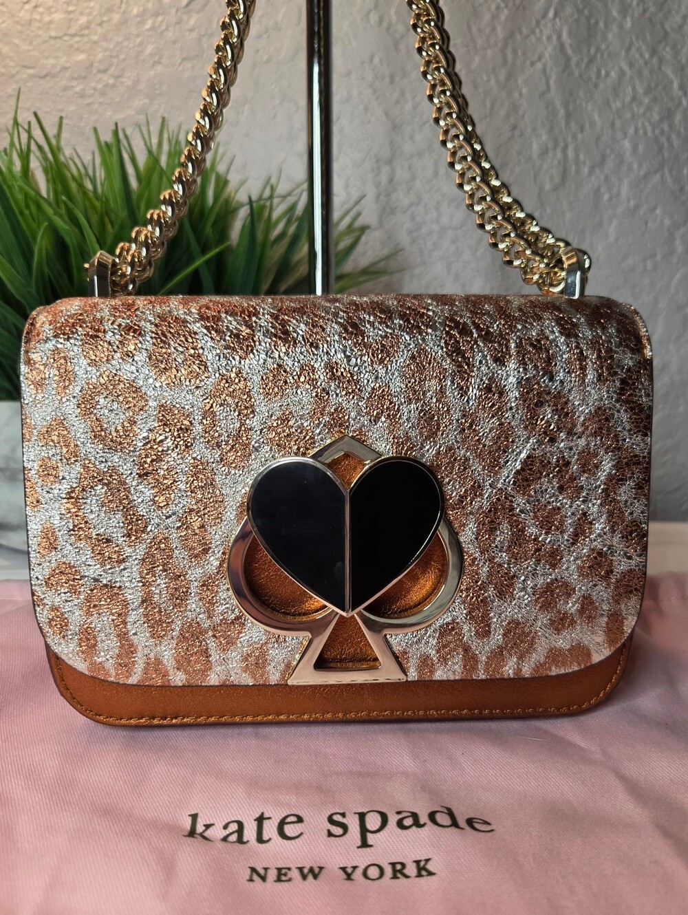 Kate Spade Nicola Metallic Leopard Twistlock Small Convertible Chain Bag